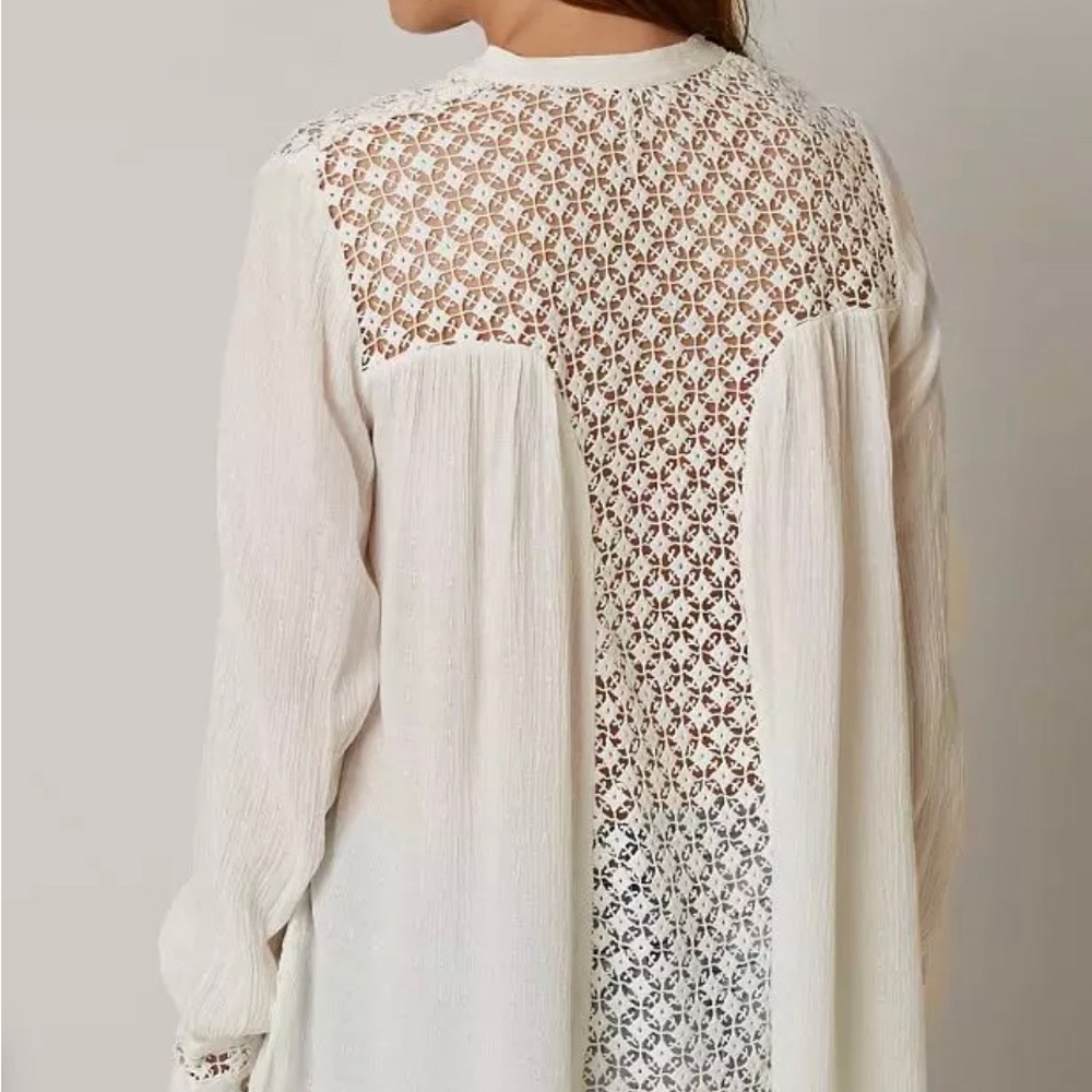Free people “The best shirt” gauzy blouse with crochet insets